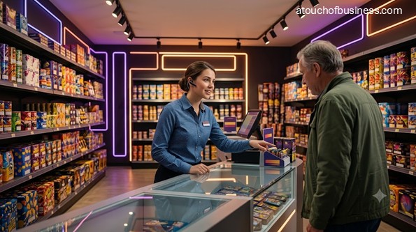 A polished interior of a modern fireworks retail store with stocked shelves and an employee helping a customer.