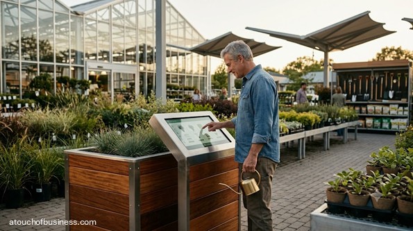A man uses an interactive touchscreen kiosk in a large, open-air modern American garden supply center.