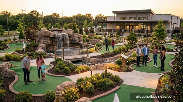 A family and friends enjoy outdoor adventure mini golf at a scenic course during golden hour.