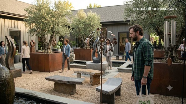Outdoor courtyard of a different modern garden ornament store with customer viewing a sculpture.