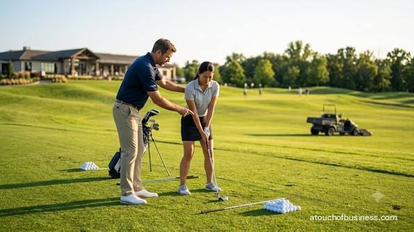 Golf instructor providing outdoor swing lesson to a woman on a sunny practice green with range in background.