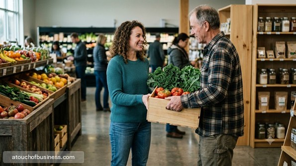A smiling farmer in flannel hands a crate of fresh produce to a worker in a cooperative grocery store.