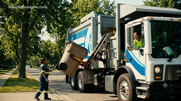 A residential side-loader garbage truck with an automated arm collects trash in a tree-lined neighborhood.