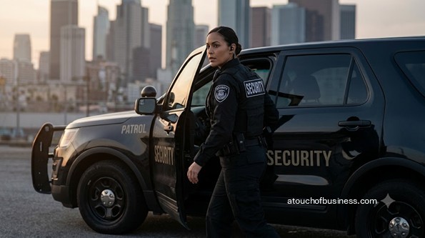 A young security guard on patrol in a city at dusk.