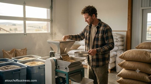 A man in a small processing facility operating seed cleaning machinery.