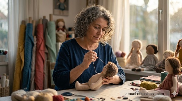 Craftswoman hand-stitching textile hair onto a soft-bodied plush art doll in a warm studio.