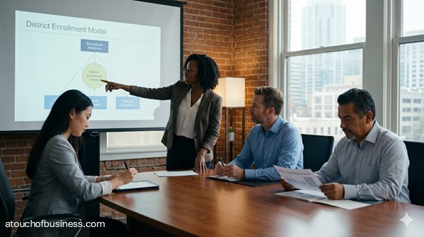 Four diverse educational consultants discuss data on a screen in a modern Seattle office.