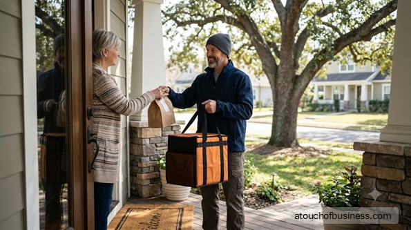 A smiling food delivery driver hands thermal bags to a customer on a modern suburban porch.