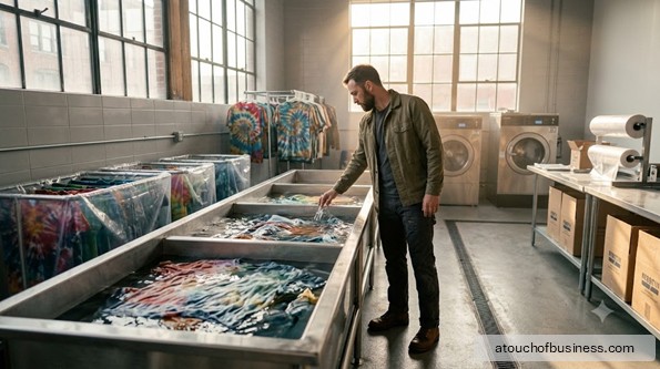 Bearded man supervising a large stainless steel tie-dye rinsing system with finished garments drying in a modern facility.