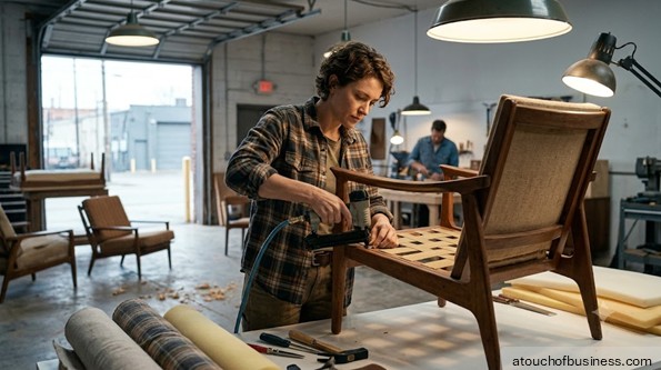A woman working on a Mid-Century Modern armchair.