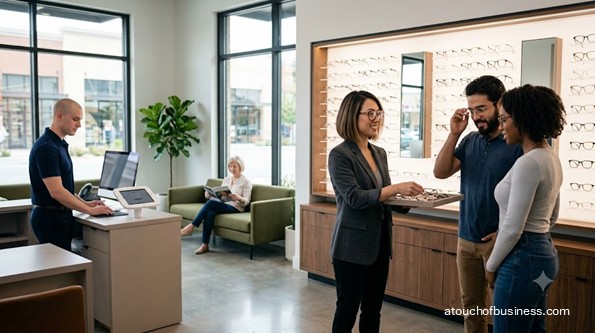 Staff helps diverse couple select designer eyeglasses in a brightly lit, upscale optical retail space.