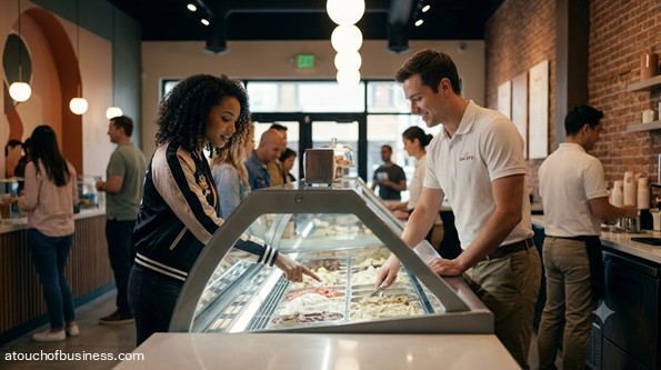 A customer selects gelato flavors at a modern illuminated counter in a busy American shop.