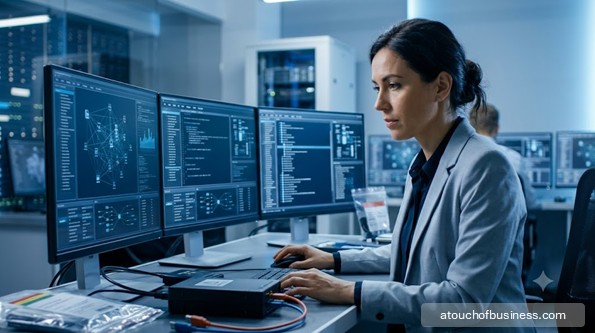 Woman in professional attire analyzing multiple screens with data and code in a modern digital forensics lab.