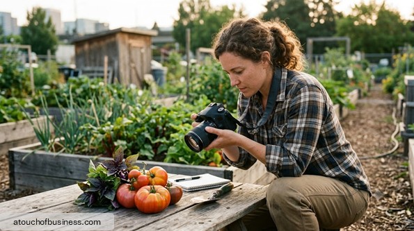 A woman in a flannel shirt photographs fresh tomatoes and basil for a gardening blog.