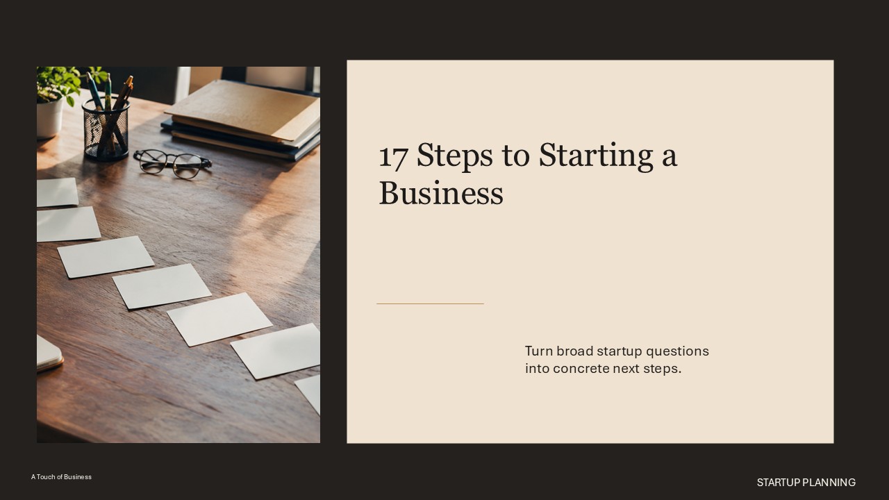 Startup planning workspace supporting 17 Steps to Starting a Business.