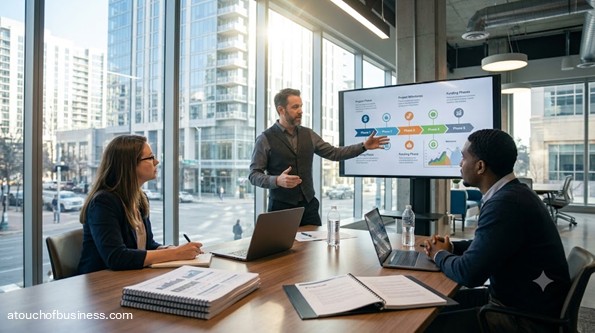 A professional man in a co-working space presents funding data to two clients for a grant proposal.