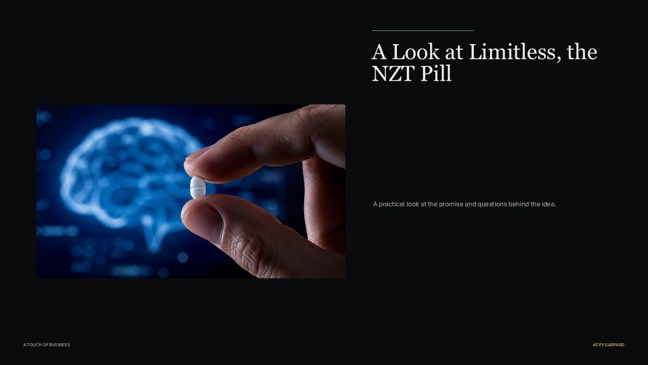 Close-up of a hand holding a small white pill against a blurred blue brain display.