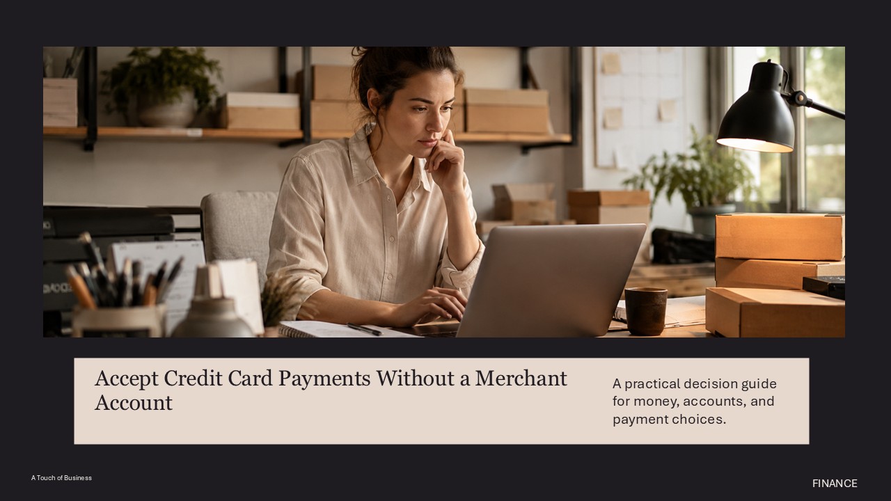 Professional finance workspace supporting Accept Credit Card Payments Without a Merchant Account.