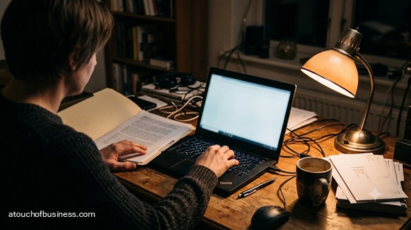 Person typing on a laptop beside an open folder of blurred documents, warm and cool light mixing, suggesting private data at risk.