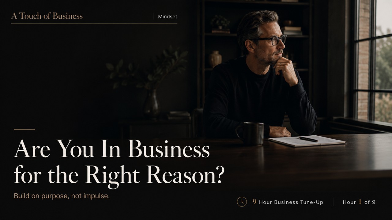 Thoughtful entrepreneur seated near a window in a dark workspace with an editorial headline asking if you are in business for the right reason.