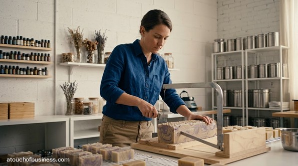 A woman artisan meticulously cuts a large slab of finished soap bars in a light-filled workshop.