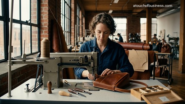 Artisan sewing leather handbag in artisanal workshop.