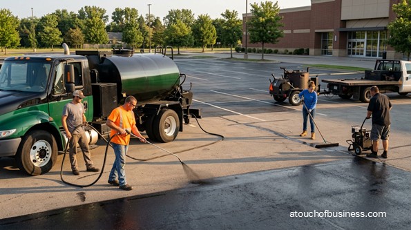 A crew uses machinery to apply black asphalt sealer to a commercial parking lot.