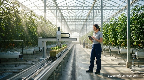 A massive modern glass greenhouse in California with automated robots and rows of tomato plants.