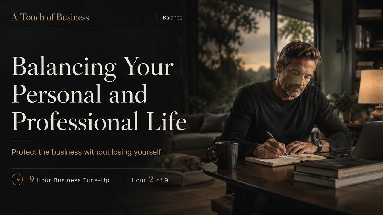 Business owner writing at a home-office table with a bold editorial headline about balancing personal and professional life.