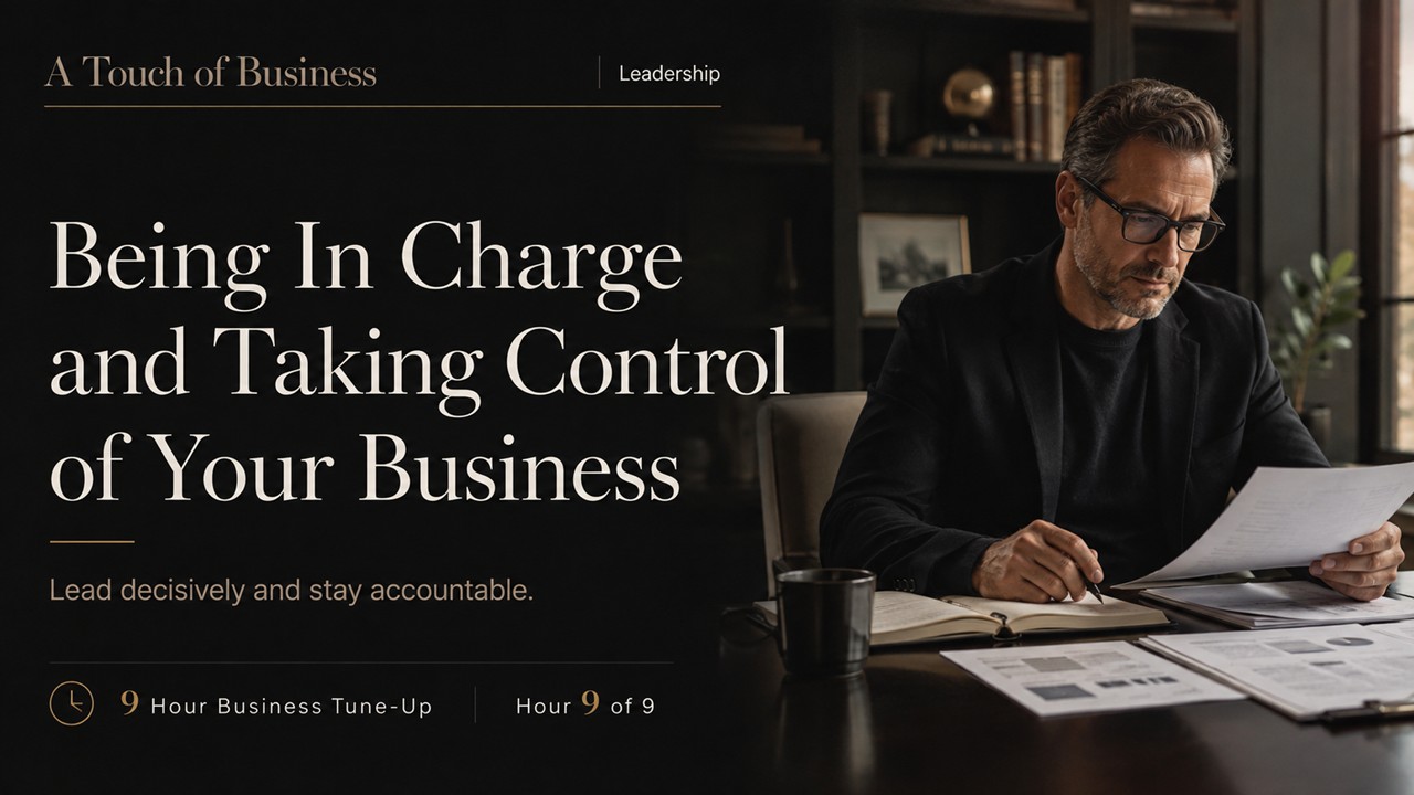 Business leader reviewing documents at a desk beside a large editorial headline about taking control of your business.