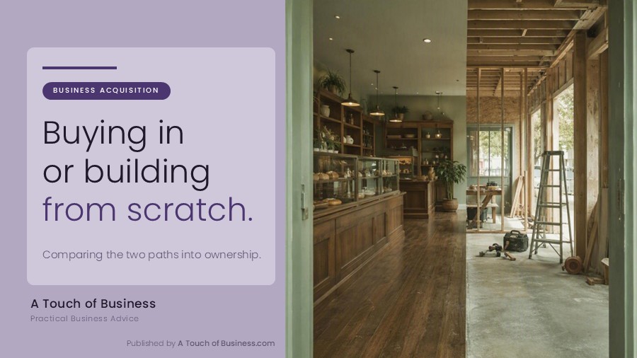 Featured image for A Touch of Business guide on buying a business versus building one.