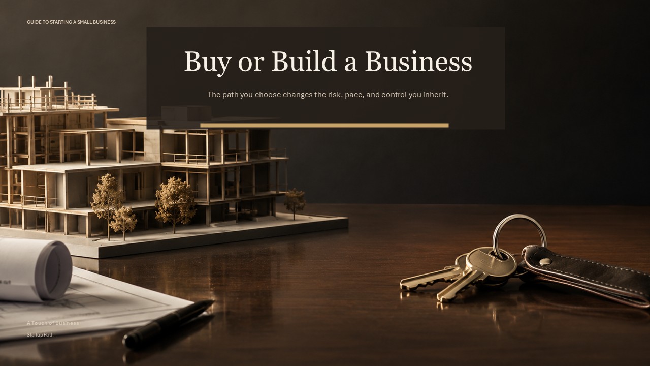 Architectural model and keys on a dark polished table under cinematic lighting.