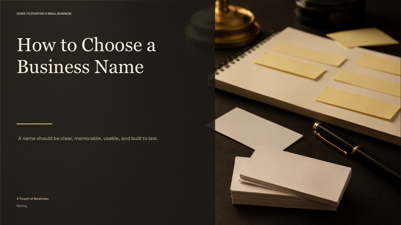 Blank business cards, notebook, pen, and sticky notes on a warm dark desk.
