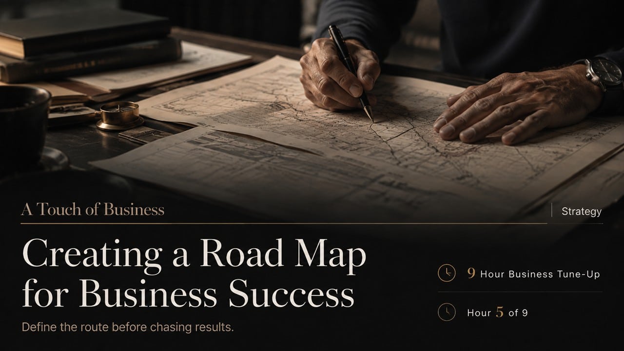 Close-up of hands marking a paper map with a pen in a dark editorial layout about creating a road map for business success.