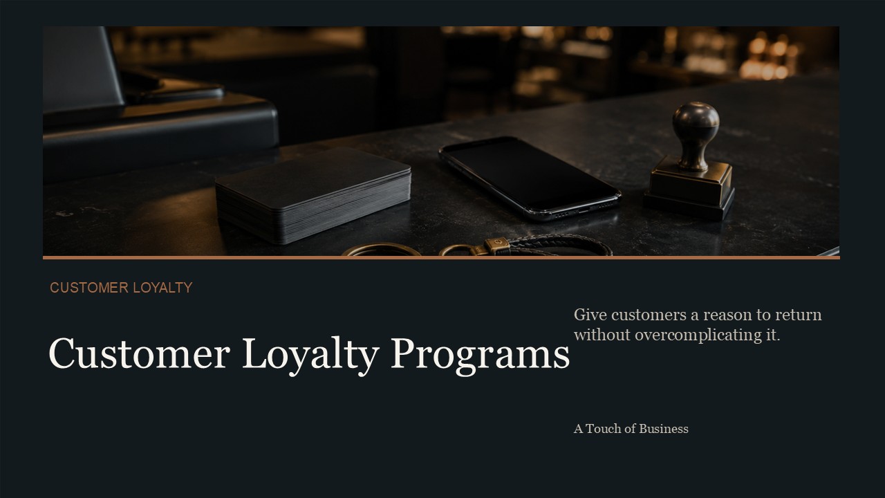 High-end checkout counter with blank loyalty cards, smartphone, keyring, and stamp.