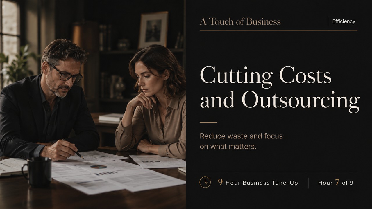 Two professionals reviewing financial documents across a table with an editorial headline about cutting costs and outsourcing.