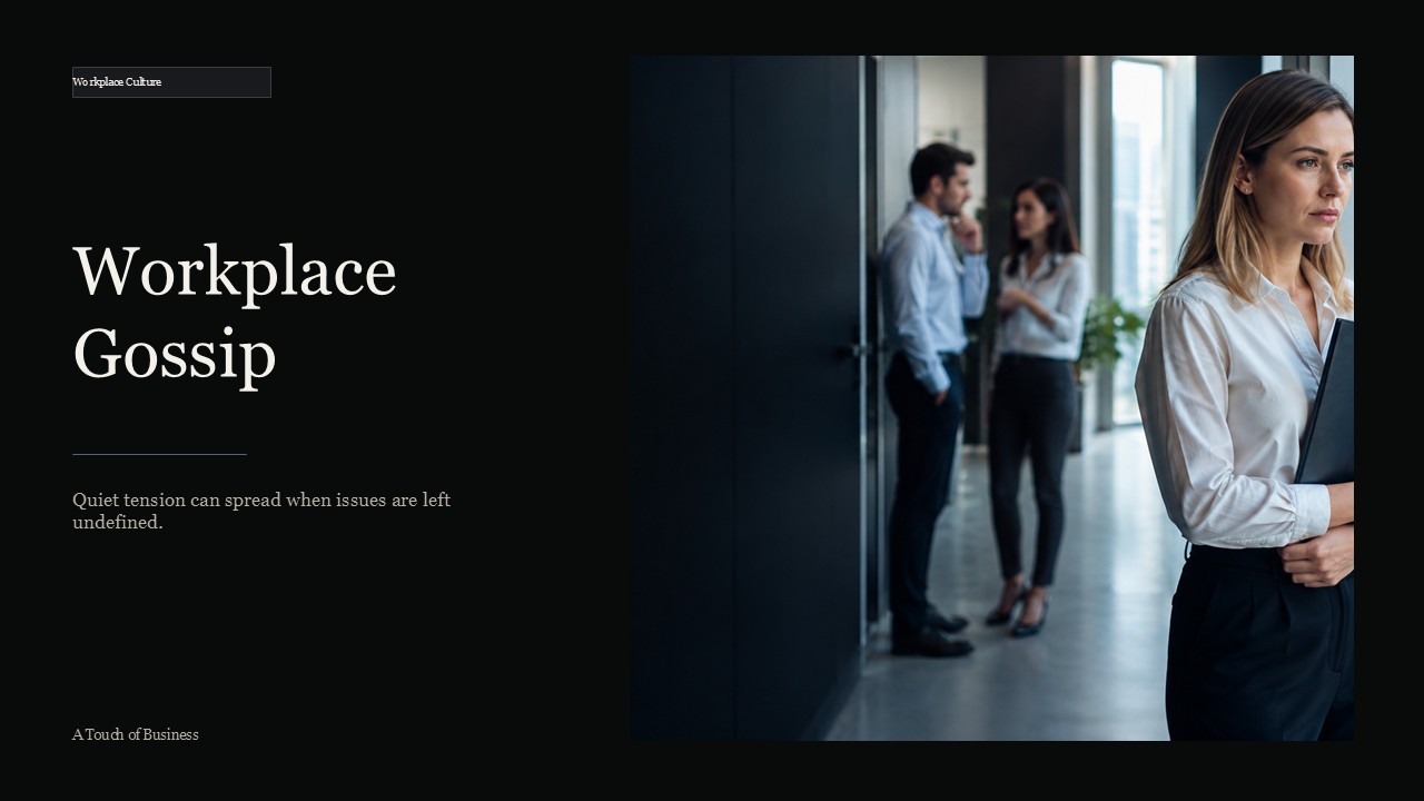 Employee standing apart in a modern hallway while two coworkers talk in the background.