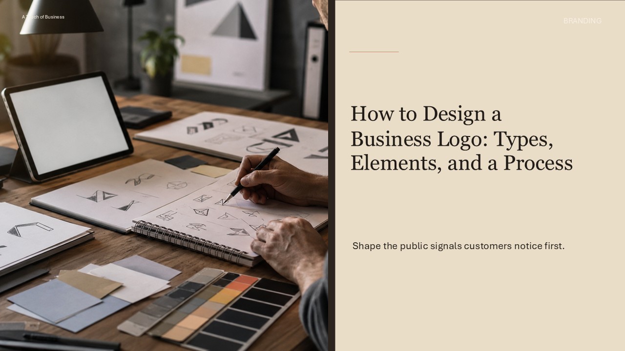 Modern branding workspace supporting How to Design a Business Logo: Types, Elements, and a Process.