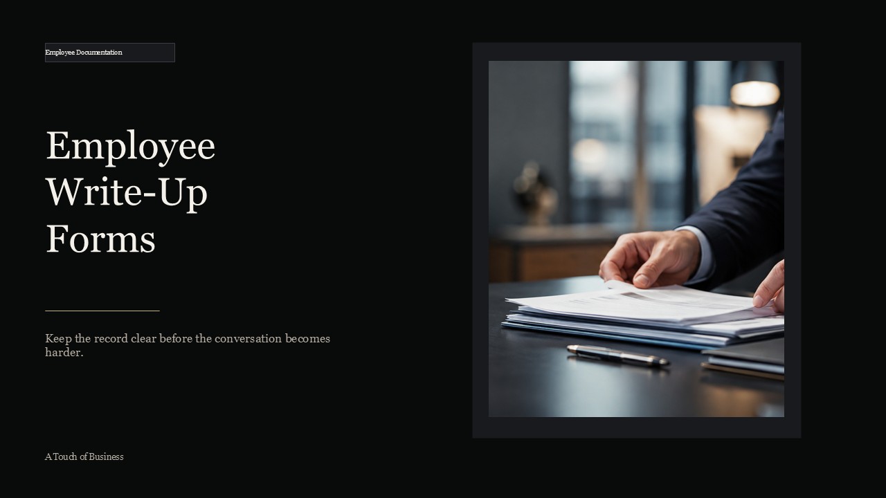 Close office scene of a suited professional organizing workplace documents on a dark desk.