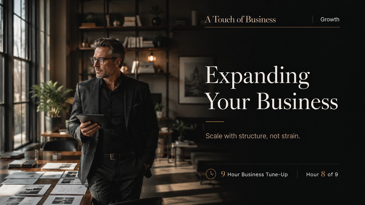 Business owner standing in a modern workspace with a tablet beside a bold editorial headline about expanding your business.