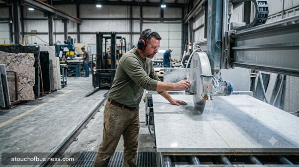 Fabricator operates industrial saw, cutting quartz slab in busy countertop workshop.