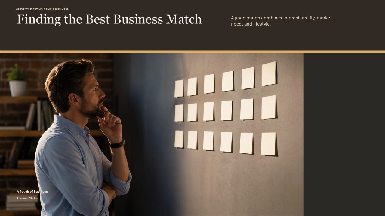 Business owner studying blank notes on a wall in a warm office planning scene.