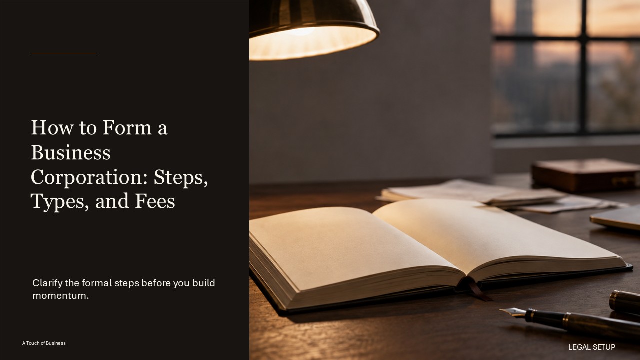 Business registration and paperwork scene supporting How to Form a Business Corporation: Steps, Types, and Fees.