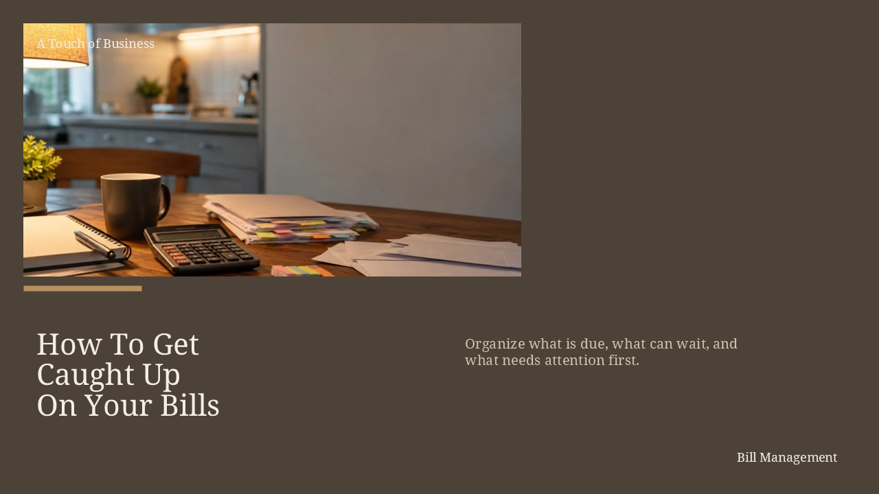 Kitchen table with calculator, envelopes, notebook, sticky notes, and warm lamp light.