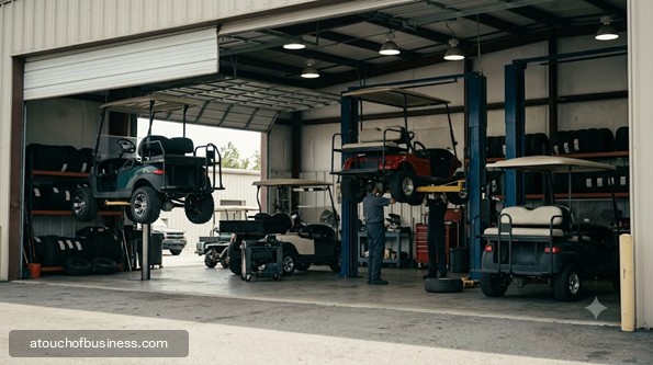 Wide shot of a modern, busy American golf cart repair shop with several carts on lifts and a mechanic.
