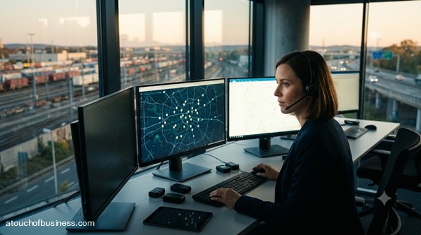 A dispatcher in a modern office monitors real-time asset tracking data on multiple large screens.