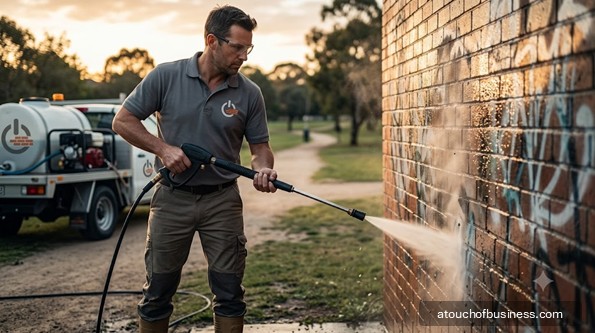 A man uses a hot water pressure washer to remove paint tags from a brick wall at dusk.