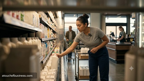 A focused stock clerk meticulously restocks a bottom shelf with unbranded cartons in a modern grocery store.