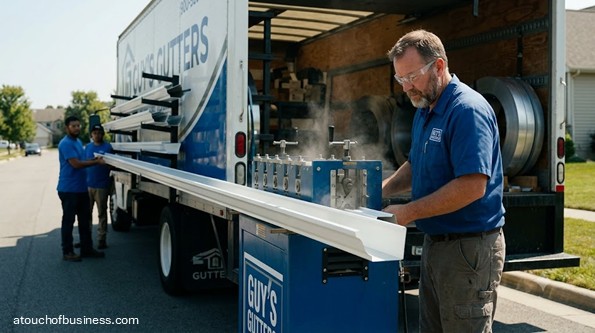 A man operating a seamless gutter machine and loading long gutter sections onto a truck.