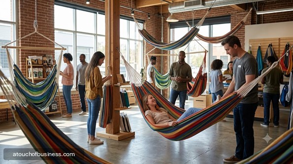 Customers test and browse colorful fabric hammocks inside a modern, industrial-chic retail store.